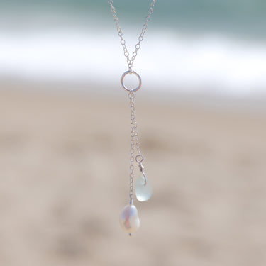 Aqua Blue Sea Glass + Baroque Pearl Necklace